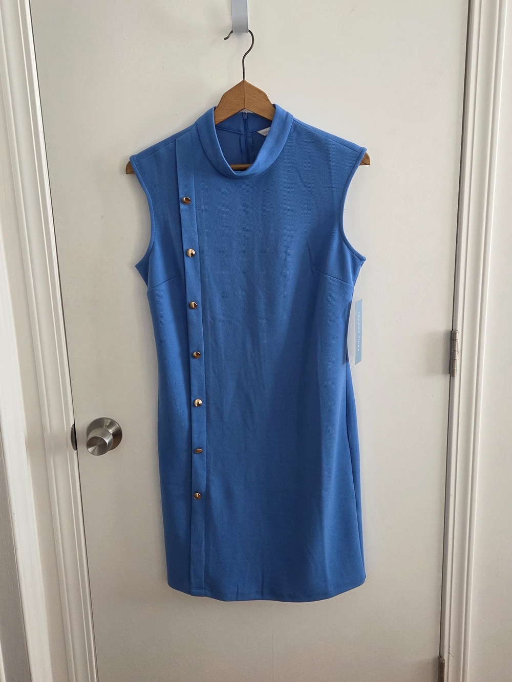 London Times Sleeveless Cobalt Shift Dress with Gold Buttons